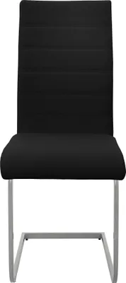 A black dining chair with a silver metal frame is shown from the front against a white background.