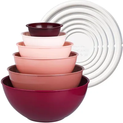 Immagine prodotto di Set di ciotole per insalata, 12 pezzi, in plastica con coperchio, colore rosso