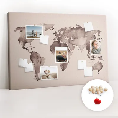 Immagine prodotto di Lavagna in sughero con puntine - Pannello con puntine per foto e appunti - 120x80 cm - 100 puntine in legno - Mappa del mondo in acquerello