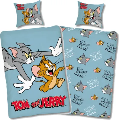 A bedding set featuring Tom and Jerry characters on a light blue background.