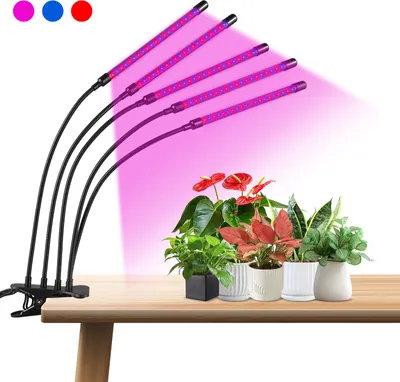 Zdjęcie produktu dla Oświetlenie LED do uprawy z klipsem o pełnym spektrum, lampa do uprawy roślin z czerwono-niebieską diodą LED do roślin domowych, 10-stopniowe ściemnianie, z timerem 3/9/12 godzin, 5 głowic