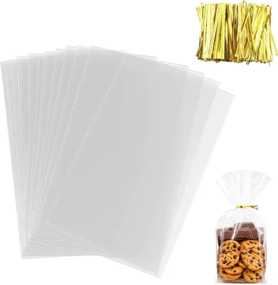 Imagen del producto de Bolsas de celofán transparentes, de 18 x 25 cm, paquete de 100 unidades, con cinta para atar, ideales para regalos