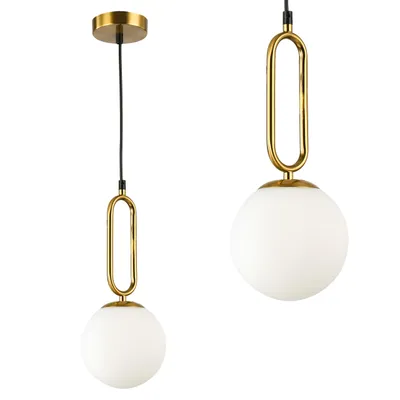 Two identical pendant lights are shown against a white background. Each light features a white spherical shade suspended from a gold-colored metal frame.