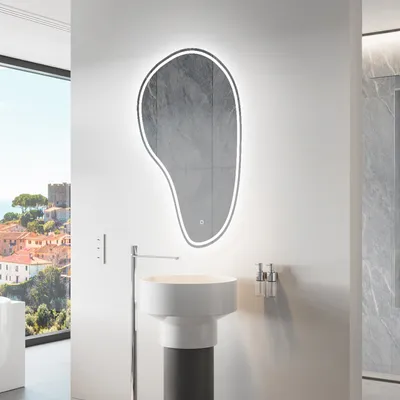 Produktbild von Unregelmäßiger asymmetrischer Spiegel mit LED Beleuchtung 84 x 134 cm - mit LED Beleuchtung - LED Farbe Kaltweiß 7000K - Individuell Nach Maß - Beleuchtet Wandspiegel Lichtspiegel Badezimmerspiegel - Sensor Schalter - STK223