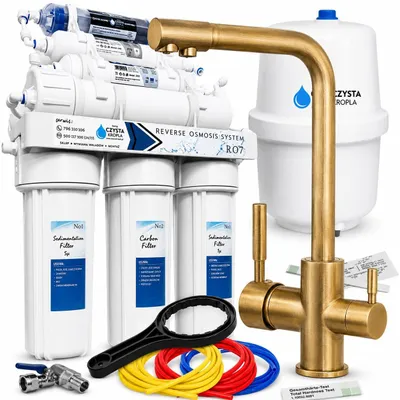 Produktbild von Wasserfilter Set RO7 mit 3-Wege Küchenarmatur Venom 1, 7-stufige Osmoseanlage, Mosiądz