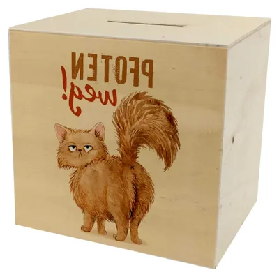 Produktbild von Holz-Spardose Katze mit Spruch Pfoten weg für Katzenliebhaber