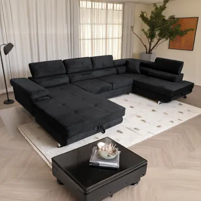 Produktbild von Sofiland Ecksofa Aller U XXL-Ecksofa mit Schlaffunktion und zwei Bettkästen in Schwarz, rechte Seite