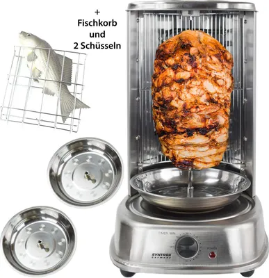 A döner grill with a large rotating spit of meat, a fish basket with a fish, and two stainless steel bowls, all presented on a white background.
