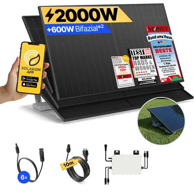 Produktbild von Balkonkraftwerk 2000W Solaranlage mit Garten Halterung Steckerfertig Komplettset Photovoltaik Anlage 800W, Kabellänge: 10m, Solakon - onPower