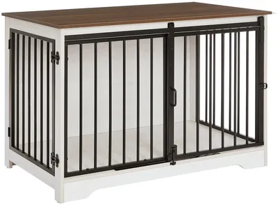 Produktbild von Hundebox Möbel 100 × 60 × 68 cm – Hundekäfig mit Schiebetür & 2 Türen – Beistelltisch für Hunde – Weiß/Braun