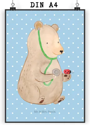 Produktbild von Mr. & Mrs. Panda Bild Bär Arzt DIN A4 - Blau Pastell - Geschenk, Professor, Wandbild, Doktor, wanddeko, Teddy, Professorin, drucke, Ärztin, Plakat, Wanddekoration