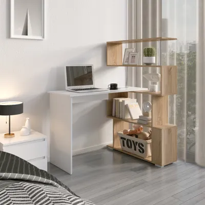 Image de Mondeer bureau, bureau d'angle, bureau informatique pivotant, blanc+marron