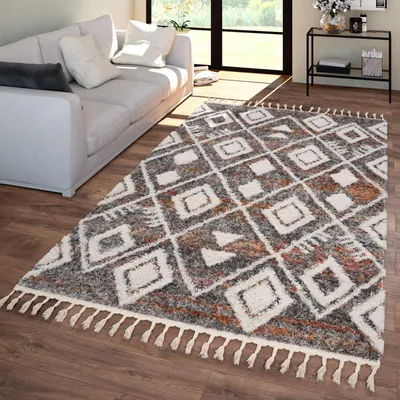 Produktbild von TT Home Wohnzimmer Schlafzimmer Teppich Hochflor Rautenmuster Mit Fransen Skandi Ethno Größe 120x160 cm