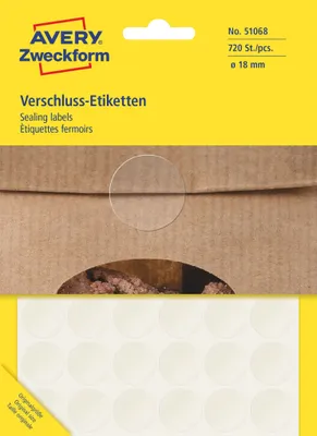 Produktbild von Avery Zweckform 51068, Verschluss-Etiketten, ? 18 mm, 720 Etiketten / 15 Bögen, transparent