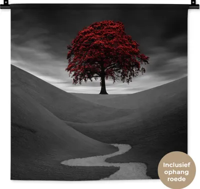 Produktbild von MuchoWow® Wandteppich Wandbehang Schwarz-Weiß-Foto mit einem roten Baum 60x60 cm Tapisserie Dekoration Wandtuch - Dekorationen - Wand Decke