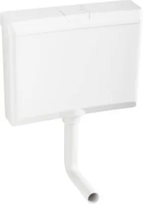 A white toilet cistern with a white outlet pipe attached.