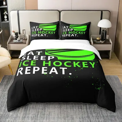 Zdjęcie produktu dla Komplet pościeli z motywem hokeja, 200x200 cm, 100% bawełna, wielokolorowy, zawiera 2 poszewki na poduszki 80x80 cm
