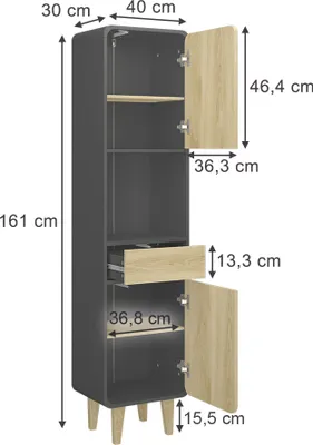 Image de Meuble de salle de bain Vicco Arla anthracite/chêne 40x161cm, Model 50159