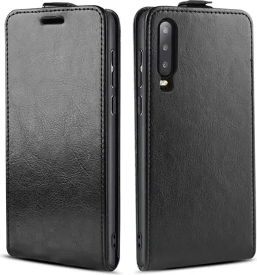 A black flip case for a Huawei P30 phone is shown from two angles.