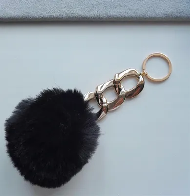 Immagine prodotto di Nuovo Portachiavi In Pelliccia Nera Con Pompon E Catena D'oro