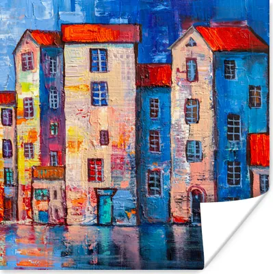 Produktbild von MuchoWow® Poster Gemälde - Ölfarbe - Haus - Wasser 100x100 cm - Babyzimmer