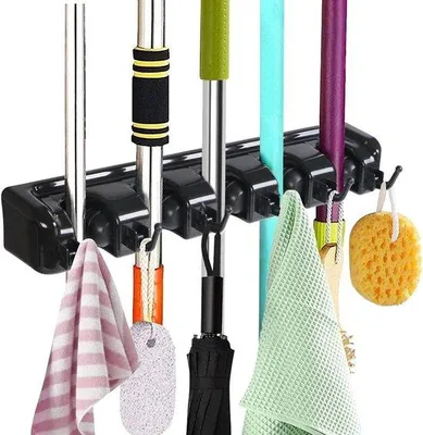 Produktbild von Wandhalter mit 6 Fächern und 5 Haken für Küche, Garten und Garage, Borsten, Mopps und Besen