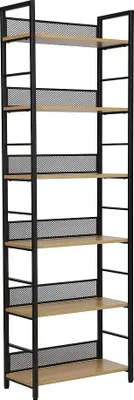 A tall, narrow bookshelf with black metal frame and wooden shelves.