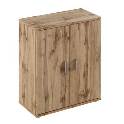 A wooden cabinet with two doors and silver handles, isolated on a white background.