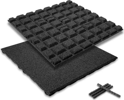 Produktbild von bepco Fallschutzmatte 4er Set - (50x50cm, Schwarz) - Gummifliese stoßdämpfend & rutschfest, mit 16x Verbindungsstiften, aus 100% recyceltem Gummi