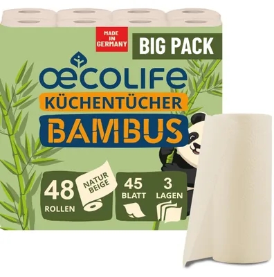 Produktbild von Küchentücher Bambus, 48 Rollen, 45 Blatt pro Rolle, 3-lagig, ungebleichter Bambus Zellstoff, saugstark und reißfest