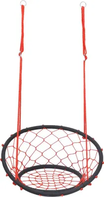 A web swing chair suspended by red ropes against a white background.