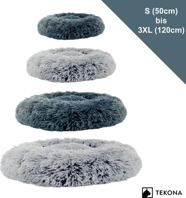 Four round, fluffy pet beds of varying sizes are displayed in a stacked arrangement against a white background. A dark gray overlay in the top right corner contains text indicating sizes.
