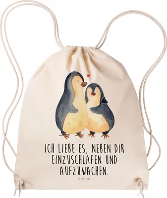 Produktbild von Mr. & Mrs. Panda Jutebeutel Pinguine Einschlafen - Transparent - Geschenk, wander rucksack, Jahrestag, für Frauen, Beutel, Stoffbeutel, Freundin, Turnbeutel, Valentinstag