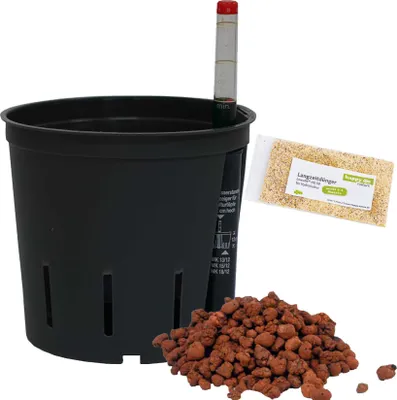 Produktbild von Set 4 teilig für Hydrokultur Kulturtopf 13/12 Ø 13 cm H 12 cm Wasserstandsanzeiger Blähton Dünger HD50