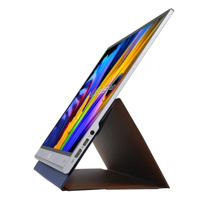 A portable monitor is displayed on a white background, propped up by its stand.