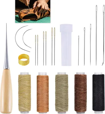 Produktbild von Ledernaehset 21-teilig, Reparaturset fuer Autositze und Jacken, mit Nadeln und gewachstem Faden, DIY Werkzeug