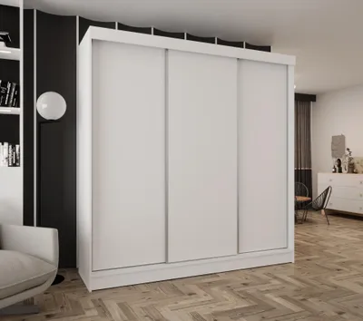 Produktbild von Schwebetürenschrank 3-türig 240x205x58 cm Weiß mit 2 Schubladen – Moderner Kleiderschrank