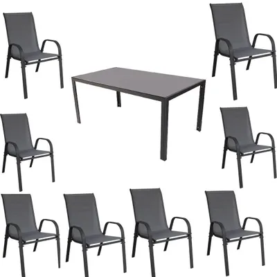 Produktbild von Gartenmöbel Set Metall Tisch 8 Stapelsessel Essgruppe Gartenset Sitzgruppe Stuhl anthrazit