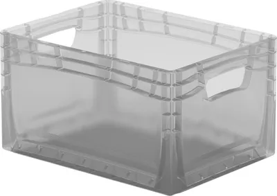 A transparent plastic storage box is shown from a slightly elevated angle against a white background.