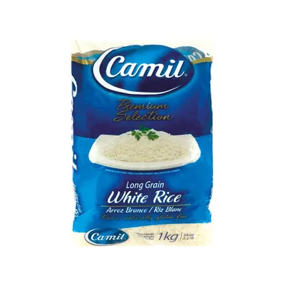 A bag of white rice on a white background.