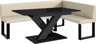 Produktbild von MEBLINI Eckbank für Esszimmer mit ausziehbarem Tisch  - Küchenbank - Essecke - Sitzecke Küche - TONI - U-Beine 142x196x87cm Rechts - Creme Kunstleder/B Schwarz Hochgl.
