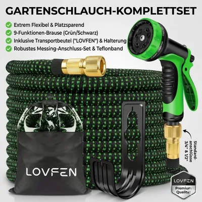 Produktbild von Flex-Gartenschlauch 7,5m dehnbar Gewebe-Wasserschlauch Set inkl. Brause