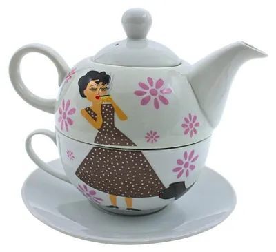 Zdjęcie produktu dla Elzusha - Zestaw porcelanowej filiżanki i dzbanka do herbaty, design retro, zawiera filiżankę i podstawkę