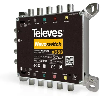 Zdjęcie produktu dla Televes NevoSwitch, 5 wejś., 2 wyjś., 950 - 2150 MHz, 47 - 862 MHz, IP20, -5 - 45 °C
