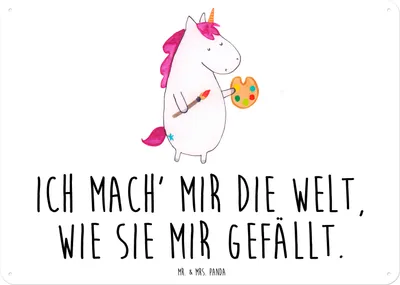 Produktbild von Mr. & Mrs. Panda Wandbild Einhorn Künstler DIN A3 - Weiß - Geschenk, Zeichnen, Schild, Englisch, Blechtafel, Unicorn, Türschild, Blechschild, Maler, tafel, Welt