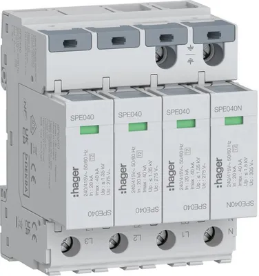 Productafbeelding van Hager overspanningsbeveiliging, 4-polig, type T2, model SPE440, geschikt voor systemen TNS/TT, nominale spanning Uc 275V, inschakelstroom 20kA, maximale stroom 40kA