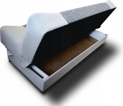 A sofa with its storage compartment open, showing the inside.