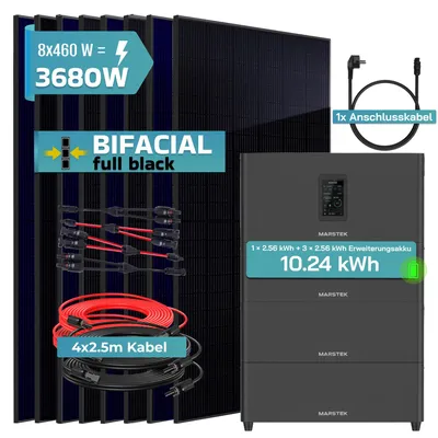 Produktbild von SUNNIVA® 3680W Balkonkraftwerk mit 10,24kWh Speicher MARSTEK Jupiter C + Plus, 8x460W BIFAZIAL FULLBLACK komplett Steckdose, Solaranlage Solarspeicher