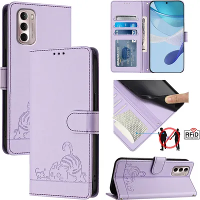 Produktbild von Leder Hülle für Motorola Moto G Stylus 4G (2022) Süße Katze Flip Case Brieftasche Schutzhülle mit Standfunktion Lila