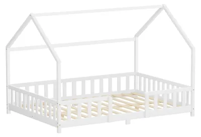 Produktbild von ML-Design Kinderbett 140x200cm mit Rausfallschutz, Dach & Lattenrost Weiß Montessori Bodenbett aus massivem Kiefernholz Hausbett für Mädchen & Jungen